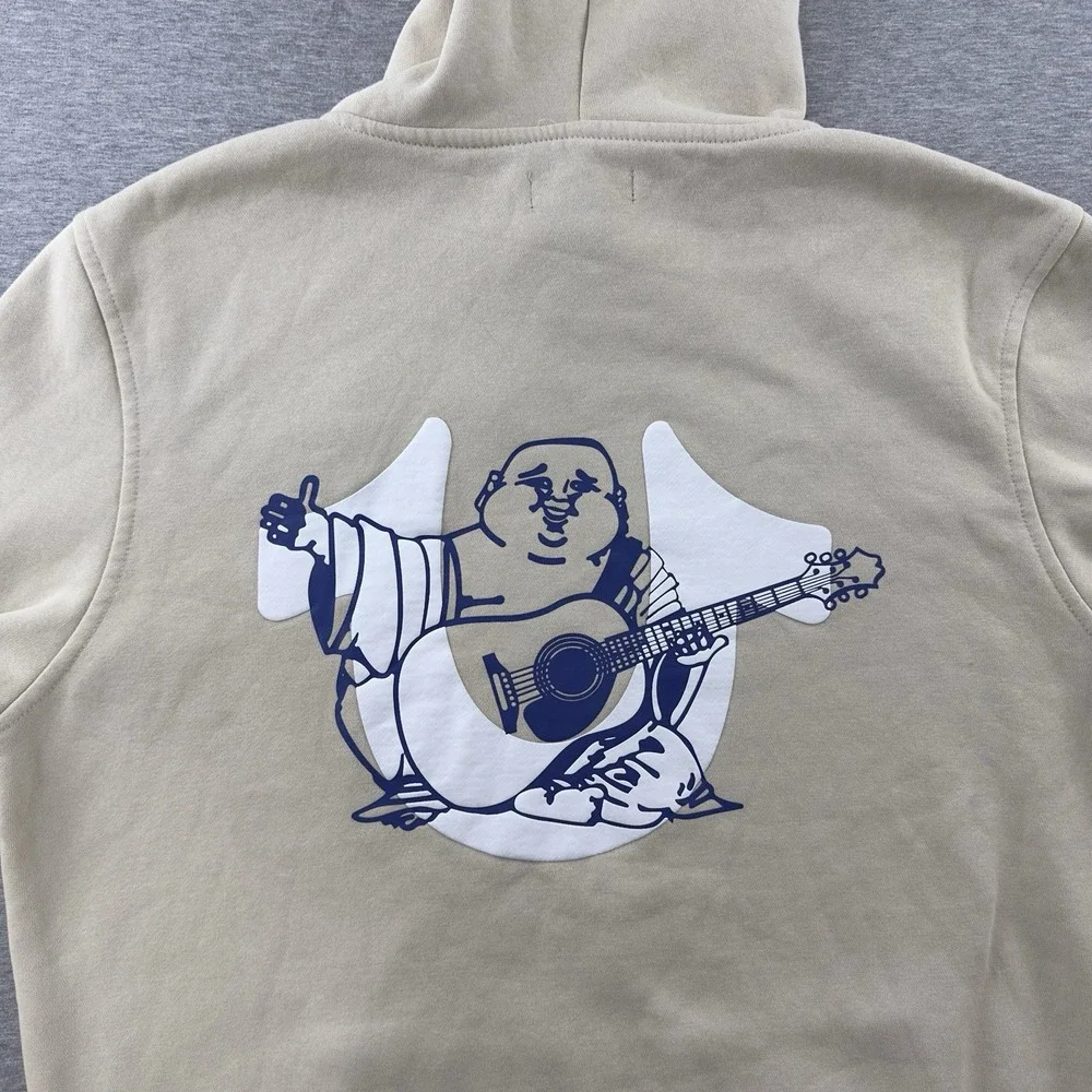 True Religion Men's Buddha Zip‎ Hoodie Beige Full Zip L Graphic Fleece Lined